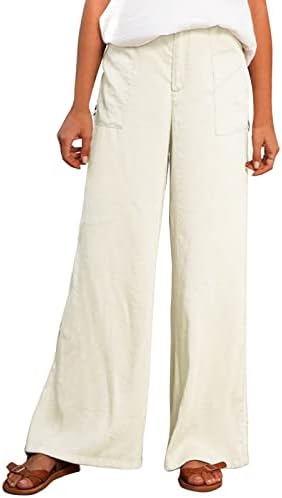 Ležerne ljetne ženske pamučne i lanene hlače širokog kroja s ravnim nogavicama, hlače za plažu visokog struka s džepovima, udobna dna