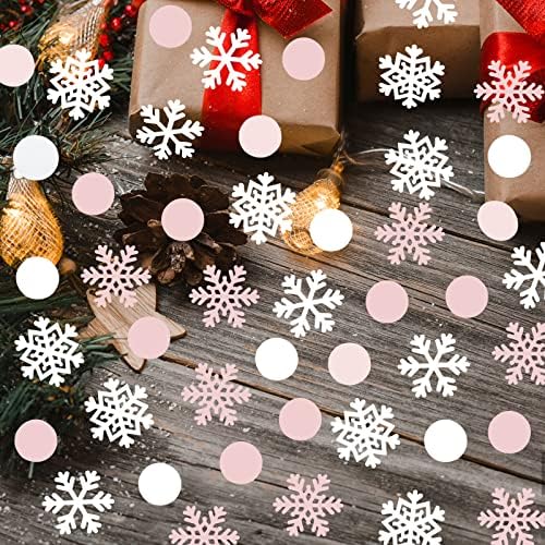 Ružičasti i srebro i bijeli stol snježnih pahuljica konfeti zima čudesna zemlja snježna pahuljica božićni stol konfeti za božićni zimski