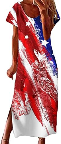 Haljine za žene od 4. srpnja, ljetna ležerna boemska Maksi haljina sa zastavom SAD-a, dugi sarafan s okruglim vratom i kravatom u boji