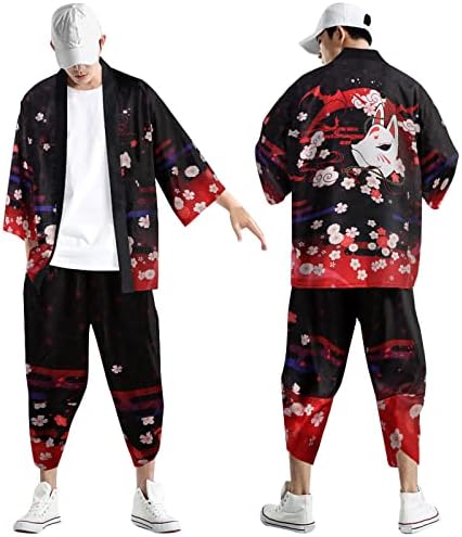 Muški japanski kimono kardigan postavljen moderan labavi otvoreni prednji kaput s ošišanim hlačama kineski stil tiskana povremena odijela