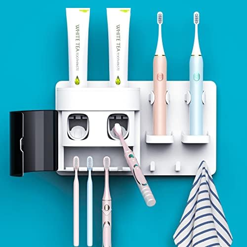 Držači četkice za zube zidni, dvostruki automatski dozator paste za zube s poklopcem otpornim na prašinu i 2 stiskanje za zube, 2 električna