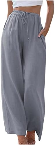 Ženske pamučne lanene hlače izvučene sa dnevnim boravcima visoki struk vrećaste hlače široke noge ležerne čvrste hlače s džepovima