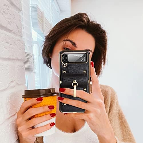 FNKJYND za Samsung Galaxy Z Flip 4 Case, tanak zaslon objektiva od kaljenog stakla, nositelj prstena na šarke od umjetne kože, zaštitna
