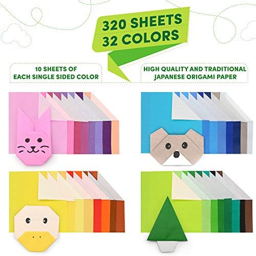 320 listova čiste drvene pulpe Tradicionalni origami papir, 32 živopisne boje, 10 listova svake jednostrane boje, 5,9 in x 5,9in