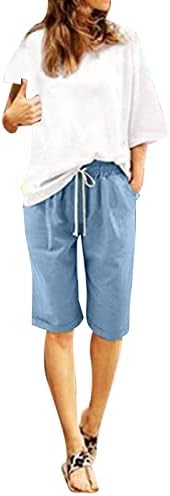 Ženske ljetne pamučne lanene hlače plus veličina kratkih hlača s visokim strukom vezanje plaže za vježbanje džepne hlače od pet točaka