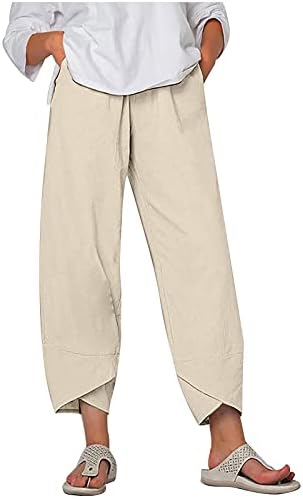 Ljetne hlače za žene povremene pamučne platnene hlače široke noge s džepovima elastični struk trčanje joge atletski kapris hlače