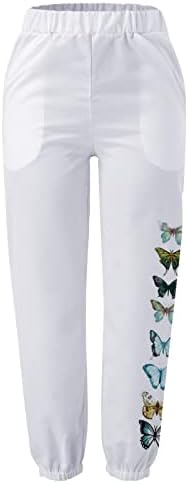 Ženske lanene vreće hlače leptir tiskane hlače casual pamučni elastični struk hlača lampiona hlača