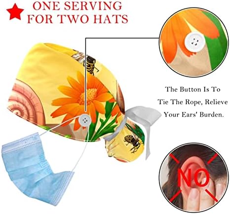 Medicinske kape za žene s gumbima dugačka kosa, 2 komada podesiva radna kapa, pčele na prirode raznoboje