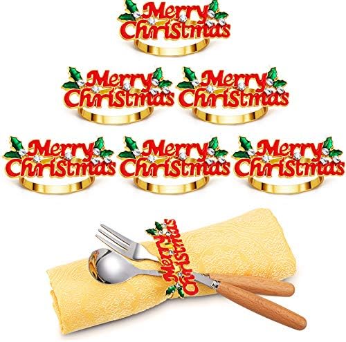 Sretan božićni salveti prstenovi, zlatna i crvena legura Rhinestone Metal Xmas Pismo salvete za salvete za božićnu večeru Kućni kuhinjski